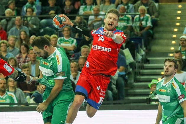 DHfK - Balingen Handball Leipzig, 10.10.2019, Arena Leipzig, Handball, 1. Bundesliga, 9. Spieltag , SC DHfK - HBW Balingen-Weilstetten , Im Bild v.l.: Oddur Gretarsson (14, Balingen) ,