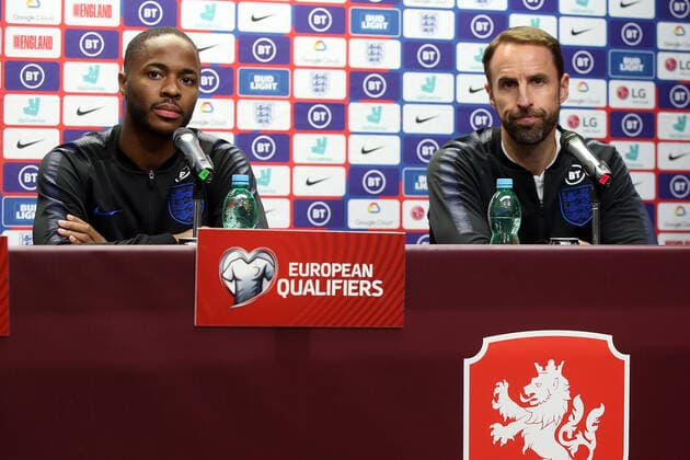 England Presser Raheem Sterling of England and England Manager Gareth Southgate pictured at a media conference at Sinobo Stadium, Prague Content Not Available For UK Newspapers Copyright: xPaulxChestertonx FIL-13737-0029