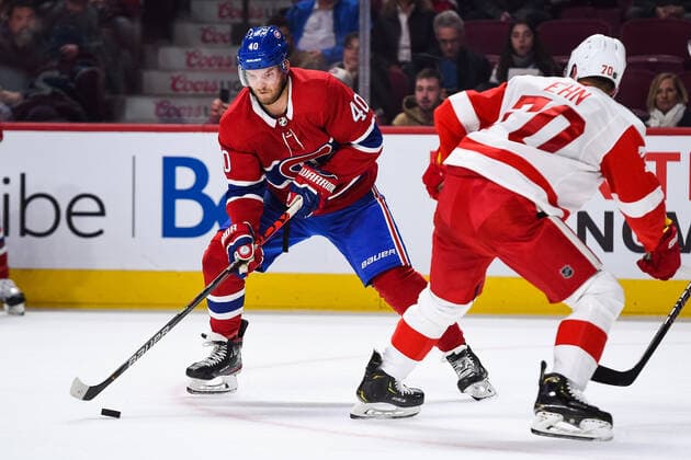 NHL, Montreal Canadiens - Detroit Red Wings MONTREAL, QC - OCTOBER 10: Montreal Canadiens right wing Joel Armia (40) gains control of the puck during the Detroit Red Wings versus the Montreal Canadiens game on October 10, 2019, at Bell Centre in Montreal, QC (Photo by David Kirouac Icon Sportswire) NHL, Eishockey Herren, USA OCT 10 Red Wings at Canadiens Icon191010015