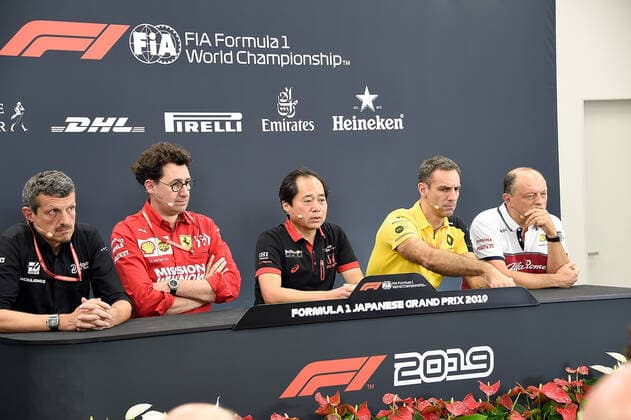 Formula 1 2019 Honda Japanese Grand Prix 11.10.2019, Suzuka International Racing Course, Suzuka, Formula 1 2019 Honda Japanese Grand Prix , im Bild Günther Steiner (Hass F1 Racing), Matia Binotto (Scuderia Ferrari), Honda-Technikchef Toyoharu Tanabe, Cyril Abiteboul (Renault F1), Frederic Vasseur (Alfa Romeo F1)