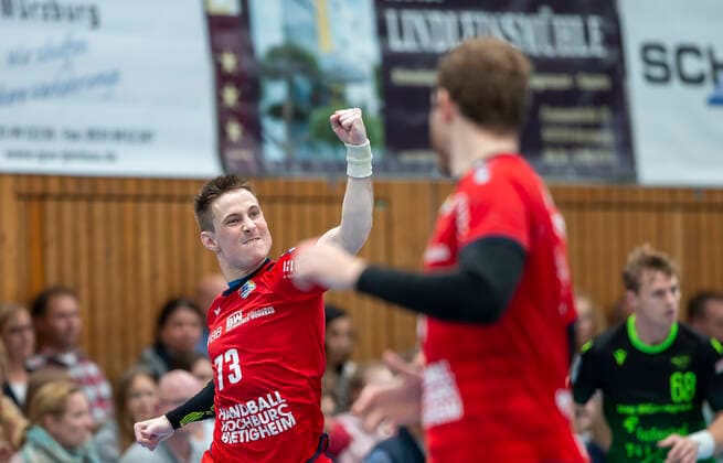 Deutschland, Würzburg, s.Oliver Arena, 11.10.2019, Handball, 2. Bundesliga, DJK Rimpar Wölfe - SG BBM Bietigheim Bild: v. l. Martin Marcec (SG BBM Bietigheim) jubelt über seinen Treffer, freuen, jubeln, emotionen Copyright: HMBxMedia xHeikoxBecker