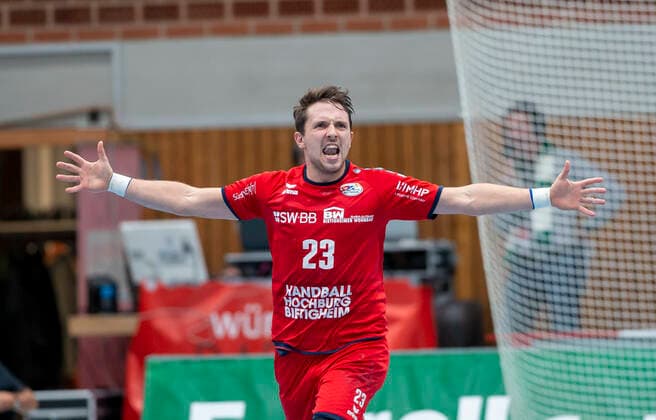 Deutschland, Würzburg, s.Oliver Arena, 11.10.2019, Handball, 2. Bundesliga, DJK Rimpar Wölfe - SG BBM Bietigheim Bild: v. l. Jan Asmuth (SG BBM Bietigheim) jubelt über seinen Treffer, freuen, jubeln, emotionen Copyright: HMBxMedia xHeikoxBecker