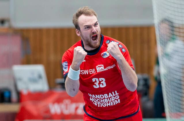 Deutschland, Würzburg, s.Oliver Arena, 11.10.2019, Handball, 2. Bundesliga, DJK Rimpar Wölfe - SG BBM Bietigheim Bild: v. l. Nils Boschen (SG BBM Bietigheim) bejubelt den Sieg, freuen, jubeln, emotionen Copyright: HMBxMedia xHeikoxBecker
