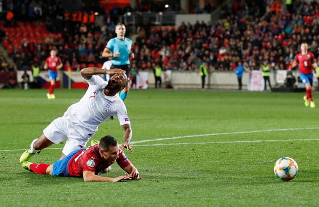 Raheem Sterling of England brought down, no penalty during the UEFA EURO, EM, Europameisterschaft,Fussball 2020 Qualifying match at the Sinobo Stadium, Prague. Picture date: 11th October 2019. Picture credit should read: David Klein Sportimage EDITORIAL USE ONLY. No use with unauthorised audio, video, data, fixture lists, club league logos or live services. Online in-match use limited to 120 images, no video emulation. No use in betting, games or single club league player publications. SPI-0252-0094
