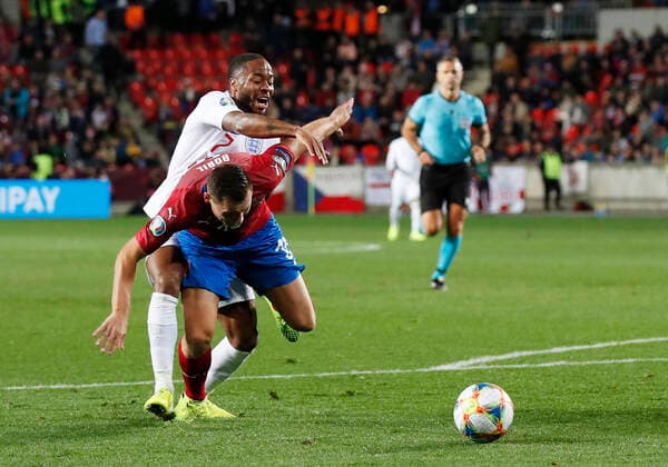 Raheem Sterling of England brought down by Jan Bofil of Czech Republic, no penalty during the UEFA EURO, EM, Europameisterschaft,Fussball 2020 Qualifying match at the Sinobo Stadium, Prague. Picture date: 11th October 2019. Picture credit should read: David Klein Sportimage EDITORIAL USE ONLY. No use with unauthorised audio, video, data, fixture lists, club league logos or live services. Online in-match use limited to 120 images, no video emulation. No use in betting, games or single club league player publications. SPI-0252-0095