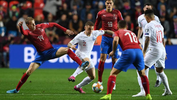 (L-R) Jakub Jankto of Czech Republic, Kieran Trippier of England, Patrik Schick and Jan Boril of Czech Republic, Michael Keane and Jadon Sancho of England in action during the Euro 2020 group A qualifying soccer match between Czech Republic and England at the Sinobo stadium in Prague, Czech Republic, October 11, 2019. (CTKxPhoto MichalxKamaryt) CTKPhotoP201910111114201  KMT_5246