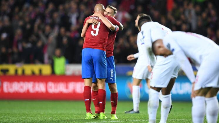 Zdenek Ondrasek, left, and Vladimir Darida of Czech Republic celebrate a goal during the Euro 2020 group A qualifying soccer match between Czech Republic and England at the Sinobo stadium in Prague, Czech Republic, October 11, 2019. (CTKxPhoto MichalxKamaryt) CTKPhotoP201910111226401  KMT_6416-1