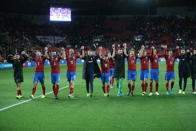 Czech Republic v England UEFA EURO, EM, Europameisterschaft,Fussball 2020 Qualifiers The Czech Republic players celebrate victory at the end of the UEFA Euro 2020 Qualifiers match at Sinobo Stadium, Prague Content Not Available For UK Newspapers Copyright: xPaulxChestertonx FIL-13738-0143