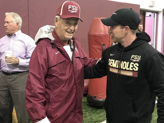 April 4, 2018, Tallahassee, FL, USA: Former Florida State coach Bobby Bowden, left, watches the Seminoles practice on April 4, 2018. It was Bowden s first football practice since retiring in 2009, he said. Mike Bianchi: Bobby Bowden is about to turn 90, and we miss him now more than ever - ZUMAm67_ 20180404_zaf_m67_065 Copyright: xSafidxDeenx