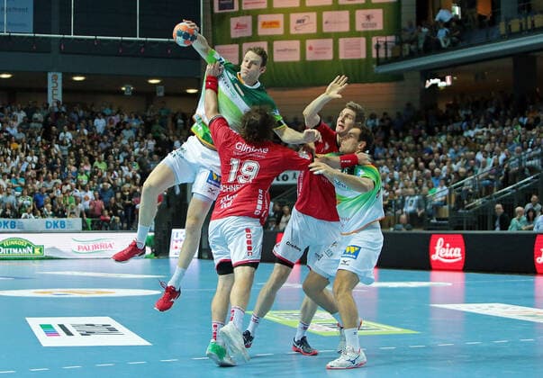 13.10.2019, xovx, Handball HBL, HSG Wetzlar - MT Melsungen emspor, v.l. Lenny Rubin (HSG Wetzlar), Timm Schneider (MT Melsungen), Finn Lemke (MT Melsungen), Nils Torbruegge (HSG Wetzlar), Aktion . (DFL DFB REGULATIONS PROHIBIT ANY USE OF PHOTOGRAPHS as IMAGE SEQUENCES and or QUASI-VIDEO) Wetzlar