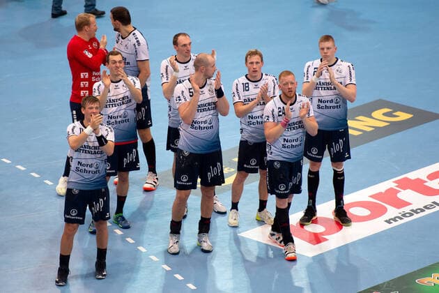 Minden, Deutschland 13.10.2019: 1. Handball-Bundesliga - 2019 2020 - GWD Minden vs. SG Flensburg-Handewitt Schlussjubel (Flensburg) Minden Nordrhein-Westfalen Deutschland Kampa-Halle