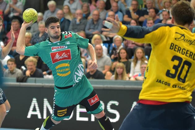 13-09-2019 pmk NB168656 Handball Herren Bundesliga Saison 2019 2020 GWD Minden - SG Flensburg-Handewitt Savvas SAVVAS (07) Minden Torbjorn BERGERUD -Torwart- Flensburg