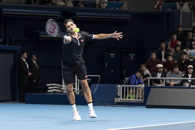 October 14, 2019, Tokyo, Japan: Roger Federer is in his match v John Isner during the UNIQLO Life Wear Day Tokyo charity event at Ariake Coliseum. Professional tennis player Roger Federer who is UNIQLO Global Ambassador took part in a charity event in Tokyo. Federer announced his plans to compete at the Tokyo 2020 Olympics Games. Roger Federer plans to compete in the Tokyo 2020 Olympic Games, Olympische Spiele, Olympia, OS - ZUMAm191 20191014_zap_m191_023 Copyright: xRodrigoxReyesxMarinx