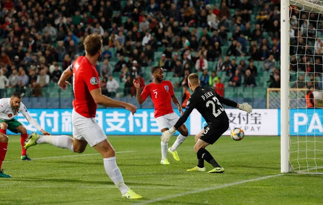 Raheem Sterling of England scores fourth goal during the UEFA EURO, EM, Europameisterschaft,Fussball 2020 Qualifying match at the Vasil Levski National Stadium, Sofia. Picture date: 14th October 2019. Picture credit should read: David Klein Sportimage EDITORIAL USE ONLY. No use with unauthorised audio, video, data, fixture lists, club league logos or live services. Online in-match use limited to 120 images, no video emulation. No use in betting, games or single club league player publications. SPI-0253-0100