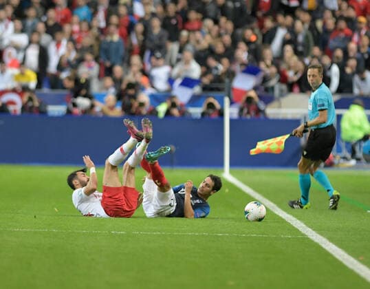 Mahmut Tekdemir of Turkey and Wissam Ben Yedder of France during the European Championship, EM, Europameisterschaft qualification Group H Match between France and Turkey at Stade de France in Saint-denis , France on October 14 , 2019. 