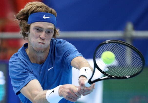 MOSCOW, RUSSIA - OCTOBER 15, 2019: Russia s Andrey Rublev returns the ball during the men s singles 1st round match against Kazakhstan s Alexander Bublik at the 2019 VTB Kremlin Cup International Tennis Tournament at the Krylatskoye Ice Palace. Mikhail Tereshchenko TASS  TS0BEFC1