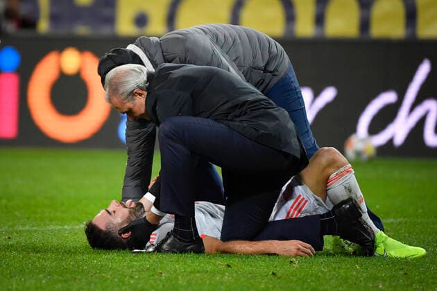 Sport Bilder des Tages Spain s Dani Carvajal lies on the grass as he is seen to during the Euro 2020 Group F qualification soccer match between Sweden and Spain at Friends Arena in Solna, Stockholm, Sweden, on Oct. 15, 2019. STOCKHOLM SWEDEN SOCCER x10070x