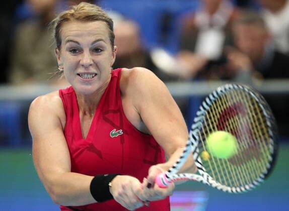 MOSCOW, RUSSIA - OCTOBER 15, 2019: Russia s Anastasia Pavlyuchenkova returns the ball during the women s singles 1st round match against Greece s Maria Sakkari at the 2019 VTB Kremlin Cup International Tennis Tournament at the Krylatskoye Ice Palace. Mikhail Tereshchenko TASS  TS0BF02D