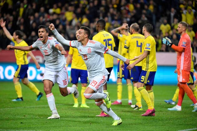 Spain s Rodrigo (19) celebrates scoring during the Euro 2020 Group F qualification soccer match between Sweden and Spain at Friends Arena in Solna, Stockholm, Sweden, on Oct. 15, 2019. STOCKHOLM SWEDEN SOCCER x10070x