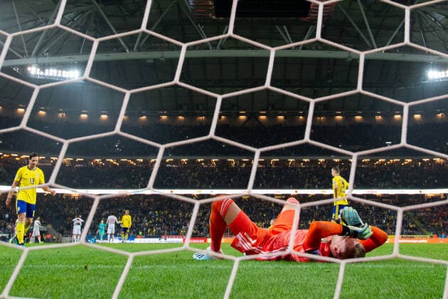 191015 Goalkeeper Robin Olsen of Sweden looks dejected after the UEFA EURO, EM, Europameisterschaft,Fussball Qualifier, EM, Europameisterschaft football match between Sweden and Spain on October 15, 2019 in Stockholm. Photo: Carl Sandin BILDBYRAN kod CS 57999_450 BBENG fotboll football fotball soccer UEFA Euro Qualifier EM-kval emkvalifisering em-kvalik landskamp Sverige Sverige A Sweden Spanien Spain depp Copyright: CARLxSANDIN BB191015CS045