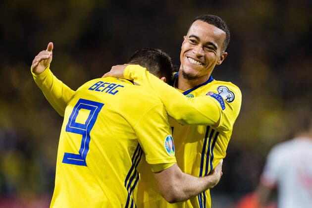 191015 Marcus Berg and Robin Quaison of Sweden celebrates 1-0 during the UEFA EURO, EM, Europameisterschaft,Fussball Qualifier, EM, Europameisterschaft football match between Sweden and Spain on October 15, 2019 in Stockholm. Copyright: ANDREASxLxERIKSSON BB191015AE062