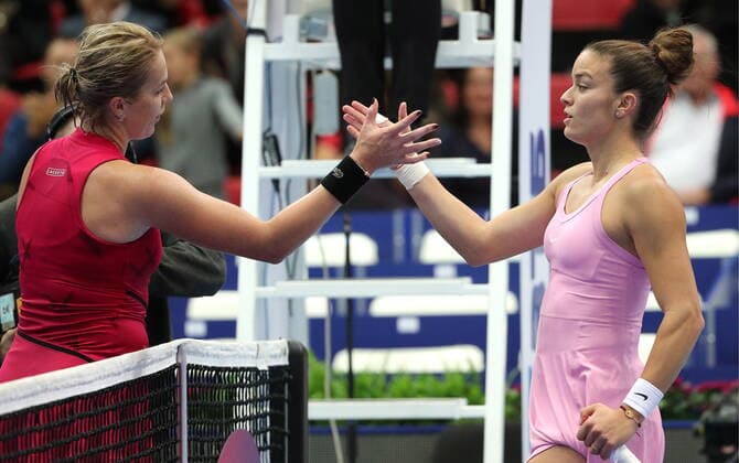 MOSCOW, RUSSIA - OCTOBER 15, 2019: Russia s Anastasia Pavlyuchenkova (L) and Greece s Maria Sakkari shake hands after a women s first round singles match at the 2019 VTB Kremlin Cup tennis tournament at Krylatskoe Ice Palace; Pavlyuchenkova won 5-7, 6-1, 6-3. Mikhail Tereshchenko TASS  TS0BF030