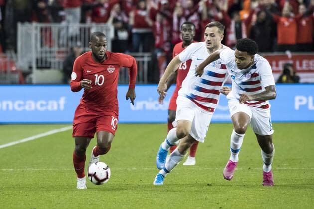 October 15, 2019, Toronto, Ontario, Canada: Aaron Long (23), Weston McKennie (8) and David Hoilett (10) in action during the Canada vs USA - Nations League qualifier game Canada vs USA - Nations League qualifier - ZUMAm154 20191015_zap_m154_041 Copyright: xAngelxMarchinix