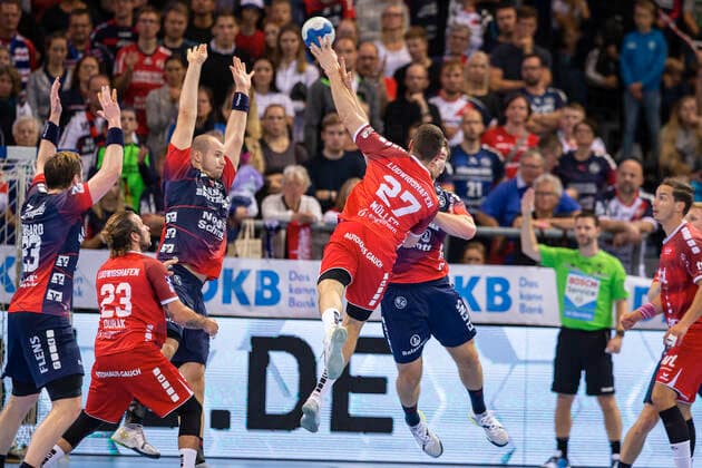 SG Flensburg-Handewitt vs Die Eulen Ludwigshafen, LIQUI-MOLY Handball Bundesliga, 17.10.19; Flensburg Jerome Mueller (Die Eulen Ludwigshafen, 27) wird geblockt Copyright: xBEAUTIFULxSPORTS MarioxM.xKobergx