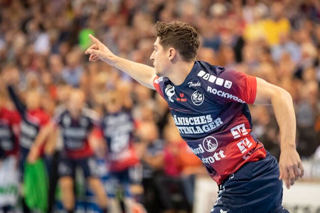 SG Flensburg-Handewitt vs Die Eulen Ludwigshafen, LIQUI-MOLY Handball Bundesliga, 17.10.19; Flensburg Jubel Torjubel bei Marius Steinhauser (SG Flensburg-Handewitt, 19) Copyright: xBEAUTIFULxSPORTS MarioxM.xKobergx