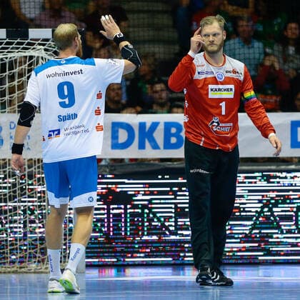 17.10.2019, xtgx, Handball Liqui Moly HBL, SC Magdeburg - TVB Stuttgart emspor, v.l. Manuel Spaeth (Stuttgart, 9) und Johannes Bitter (Stuttgart, 1) Jubelt über gehaltenen Ball, abgewehrt, gehalten, Torhüter GETEC Arena
