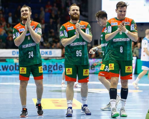 17.10.2019, xtgx, Handball Liqui Moly HBL, SC Magdeburg - TVB Stuttgart emspor, v.l. Magdeburg um Moritz Preuss (Magdeburg, 95) Jubel über den Sieg, Jubel nach Spielende GETEC Arena