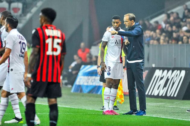 Thomas Tuchel (entraineur de l equipe du PSG) - Presnel Kimpembe (PSG) FOOTBALL : OGC nice vs PSG - Ligue 1 conforama - Nice - 18 10 2019 NorbertScanella PanoramiC 