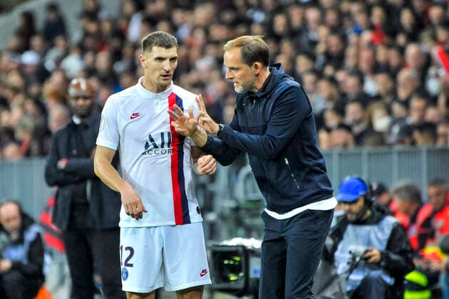 Thomas Tuchel (entraineur de l equipe du PSG) - Thomas Meunier (PSG) FOOTBALL : OGC nice vs PSG - Ligue 1 conforama - Nice - 18 10 2019 NorbertScanella PanoramiC 
