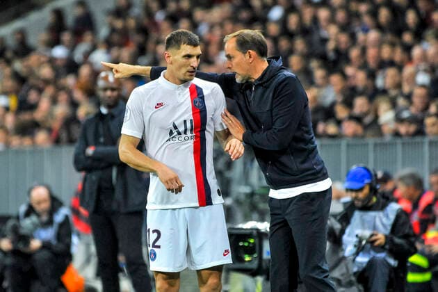 Thomas Tuchel (entraineur de l equipe du PSG) - Thomas Meunier (PSG) FOOTBALL : OGC nice vs PSG - Ligue 1 conforama - Nice - 18 10 2019 NorbertScanella PanoramiC 