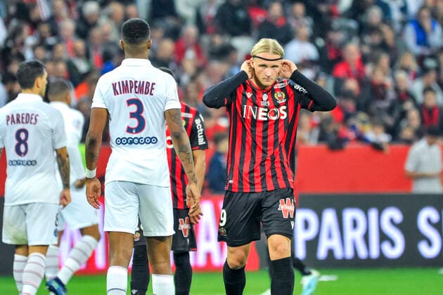 Kasper Dolberg (OGC Nice) - Presnel Kimpembe (PSG) FOOTBALL : OGC nice vs PSG - Ligue 1 conforama - Nice - 18 10 2019 NorbertScanella PanoramiC 