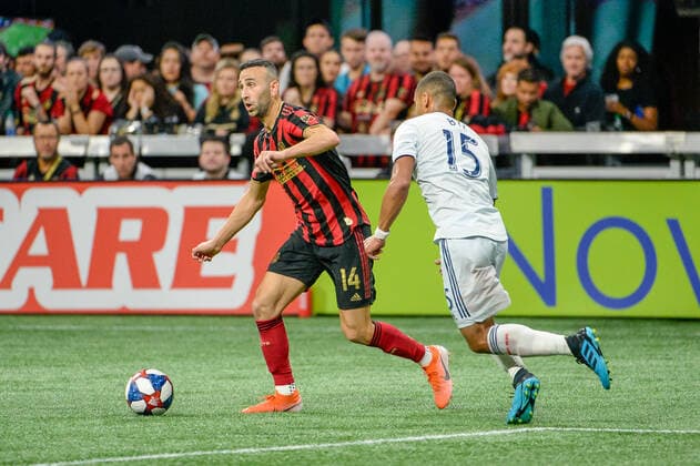 ATLANTA, GA - OCTOBER 19: Atlanta United forward Justin Meram (14) during the MLS, Fussball Herren, USA playoff match between the New England Revolution and Atlanta United FC on October 19, 2019 at Mercedes-Benz Stadium in Atlanta, GA. (Photo by John Adams Icon Sportswire) SOCCER: OCT 19 MLS Cup Playoffs - New England Revolution at Atlanta United FC Icon1910190836