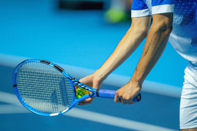 BASEL, SWITZERALND - OCTOBER 22: Albert Ramos-Vinolas (Spain) close up of his racket the ATP, Tennis Herren 500 Swiss Indoors 2019 Tennis match between Stefanos Tsitsipas and Albert Ramos-Vinolas at St. Jakobshalle Basel on October 22, 2019 in Basel, Switzerland. (Photo by Daniela Porcelli SPP) Copyright: xDanielaxPorcellix 20191022-19-42-20-DJP01188