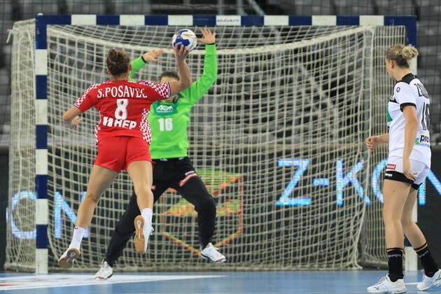 Zagreb, 23.10.2019. - Friendly handball match between Croatia and Germany (women) at the Zagreb Arena. Croatia (red) - Germany (white) 21:21 Stela POSAVEC (8) vs Isabeli ROCH (16) 