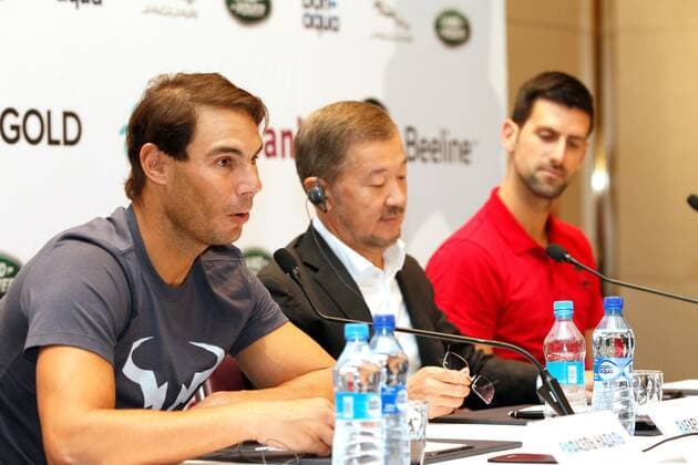Tennis players Rafael Nadal of Spain (L) and Novak Djokovic of Serbia (R) attend a press conference, PK, Pressekonferenz next to Kazakh businessman Bulat Utemuratov (C) in Nur-Sultan, Kazakhstan, 24 October 2019. Both world champions will face each other on a charity tennis match later today. Nadal and Djokovic present charity match in Nur-Sultan !ACHTUNG: NUR REDAKTIONELLE NUTZUNG!  Copyright: xStanislavxFilippovx GRAF5996 20191024-637075105115896168
