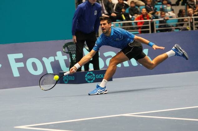Tennis player Novak Djokovic of Serbia in action against Rafael Nadal of Spain during a charity tennis match at Barys Arena in Nur-Sultan, Kazakhstan, 24 October 2019. Nadal and Djokovic present charity match in Nur-Sultan !ACHTUNG: NUR REDAKTIONELLE NUTZUNG!  Copyright: xStanislavxFilippovx GRAF6275 20191024-637075365724832595