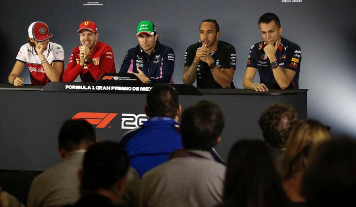 Motorsports: FIA Formula One World Championship, WM, Weltmeisterschaft 2019, Grand Prix of Mexico, 99 Antonio Giovinazzi (ITA, Alfa Romeo Racing), 5 Sebastian Vettel (GER, Scuderia Ferrari Mission Winnow), 11 Sergio Perez (MEX, Racing Point F1 Team), 44 Lewis Hamilton (GBR, Mercedes AMG Petronas Motorsport), 23 Alexander Albon (THA, Aston Martin Red Bull Racing), Mexico-City Mexico