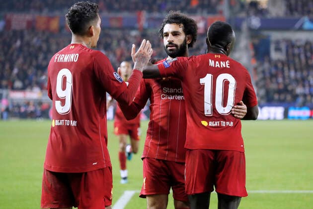 MANE Sadio Team Liverpool FC jubelt nach seinem Tor mit FIRMINO Roberto und SALAH Mohamed Champions League Saison 2019-2020 Spiel Gruppe E KRC Genk - Liverpool FC 1 : 4 am 23.10.2019 in Genk REGULATIONS PROHIBIT ANY USE OF PHOTOGRAPHS as IMAGE SEQUENCES and or QUASI-VIDEO
