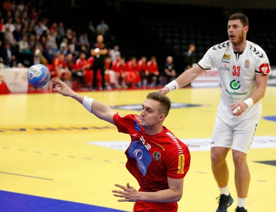 HANDBALL - AUT vs SRB, friendly match GRAZ,AUSTRIA,25.OCT.19 - HANDBALL - OEHB international match, Länderspiel, Nationalmannschaft Austria vs Serbia, test match. Image shows Nikola Bilyk (AUT) and Mijajlo Marsenic (SRB). GEPAxpictures xDavidxRodriguez