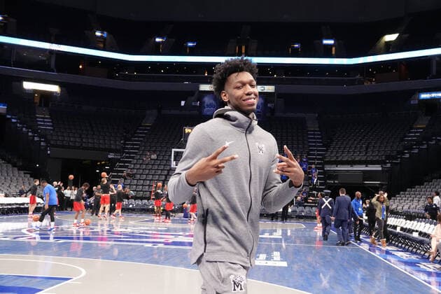 October 24, 2019, Memphis, Tennessee, USA: University of Memphis mens basketball player and 1 recruit JAMES WISEMAN watches his team play an exhibition game against Christian Brothers University at the FedEx Forum in Memphis Oct. 24, 2019. University of Memphis Basketball 2019 - ZUMAf103 20191024_zaf_f103_074 Copyright: xKarenxFochtx