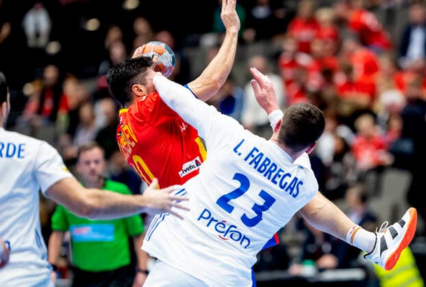 Ludovic Fabrigas (23) of France and Alex Dujshebaev (10) of Spain during the men s Handball Golden League Match between France and Spain at Gigantium Arena, Aalborg, Denmark, Saturday Oct. 26, 2019.. , Aalborg Copyright: FotografxRenéxSchütze RenéxSchützex cop104 spdk20191026-142514-L