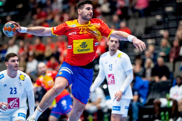 Ludovic Fabrigas (23) of France and Abel Serdio Guntin (23) of Spain during the men s Handball Golden League Match between France and Spain at Gigantium Arena, Aalborg, Denmark, Saturday Oct. 26, 2019.. , Aalborg Copyright: FotografxRenéxSchütze RenéxSchützex cop104 spdk20191026-142517-L