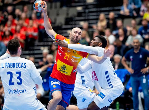 Ludovic Fabrigas (23), Dika Mem (10) of France and Joan Canellas (21) of Spain during the men s Handball Golden League Match between France and Spain at Gigantium Arena, Aalborg, Denmark, Saturday Oct. 26, 2019.. , Aalborg Copyright: FotografxRenéxSchütze RenéxSchützex cop104 spdk20191026-142521-L