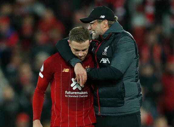 Sport Themen der Woche KW43 Sport Bilder des Tages Jordan Henderson of Liverpool celebrates with Jurgen Klopp manager of Liverpool during the Premier League match at Anfield, Liverpool. Picture date: 27th October 2019. Picture credit should read: Darren Staples Sportimage EDITORIAL USE ONLY. No use with unauthorised audio, video, data, fixture lists, club league logos or live services. Online in-match use limited to 120 images, no video emulation. No use in betting, games or single club league player publications. SPI-0283-0052