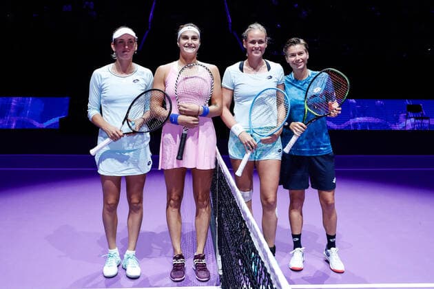 SHENZHEN, CHINA - OCTOBER 28: (L - R) Elise Mertens of Belgium and Aryna Sabalenka of Belarus pose with Anna-Lena Groenefeld of Germany and Demi Schuurs of the Netherlands prior to the Women s Doubles group match on Day two of the 2019 WTA, Tennis Damen Finals at Shenzhen Bay Sports Center on October 28, 2019 in Shenzhen, Guangdong Province of China.  Copyright: xVCGx CFP111256798821 