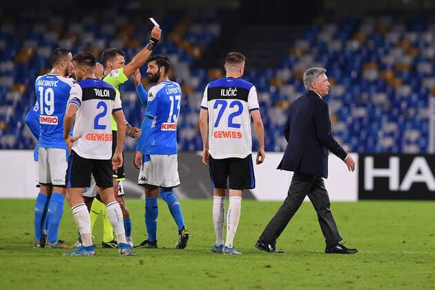 Photo Cafaro LaPresse October 30, 2019 Naples, Italy soccer Napoli vs Atalanta - Italian Football Championship League A TIM 2019 2020 - San Paolo stadium. In the pic: Carlo Ancelotti, manager of SSC Napoli receives the red card from referee Giacomelli.  Copyright: xCafaro LaPressex